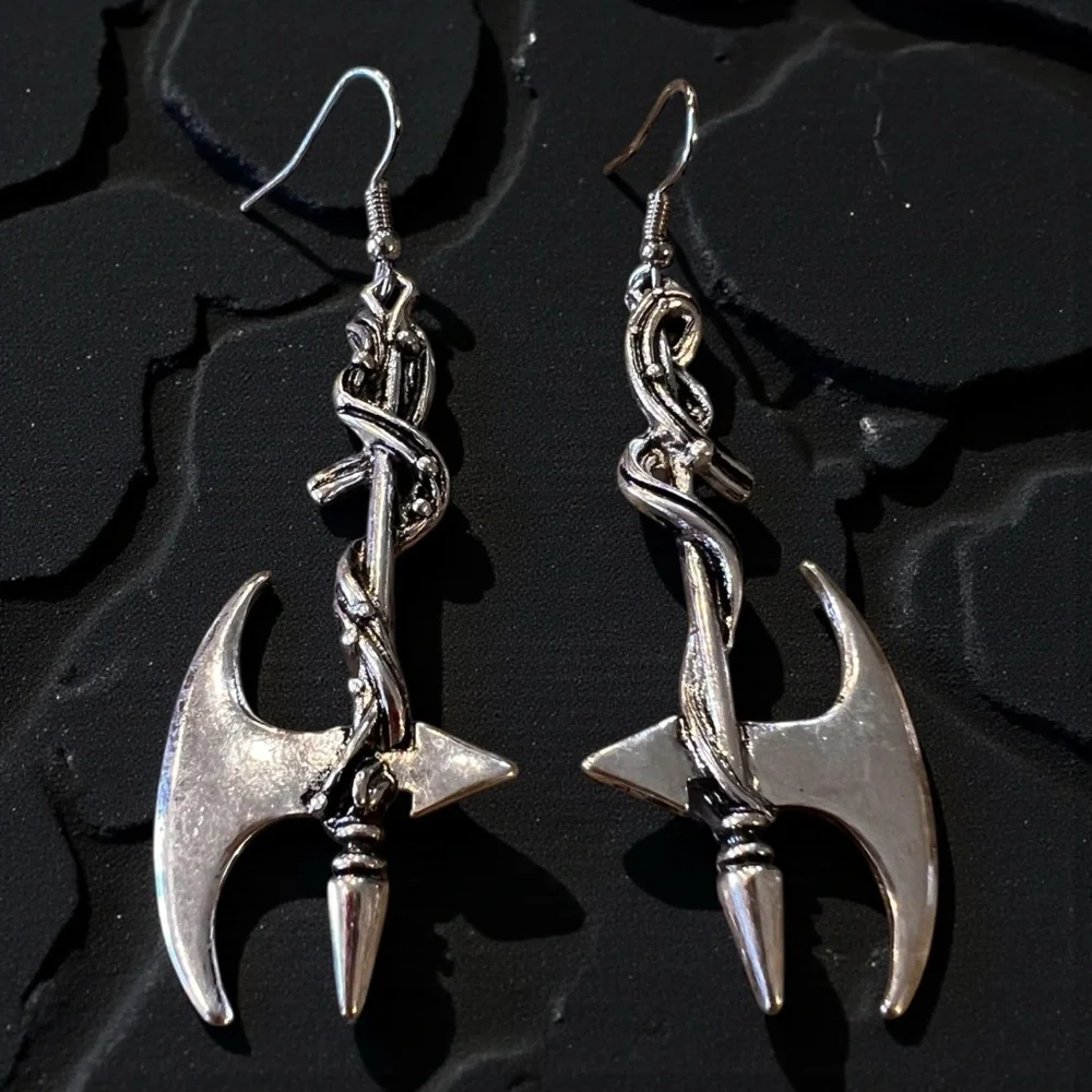 Silver Toned Battle Axe Earrings